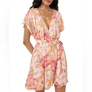 Free People Freddy Tie Mini Dress – Floral 🌸🍑 | Boho Wrap Style | Size Large